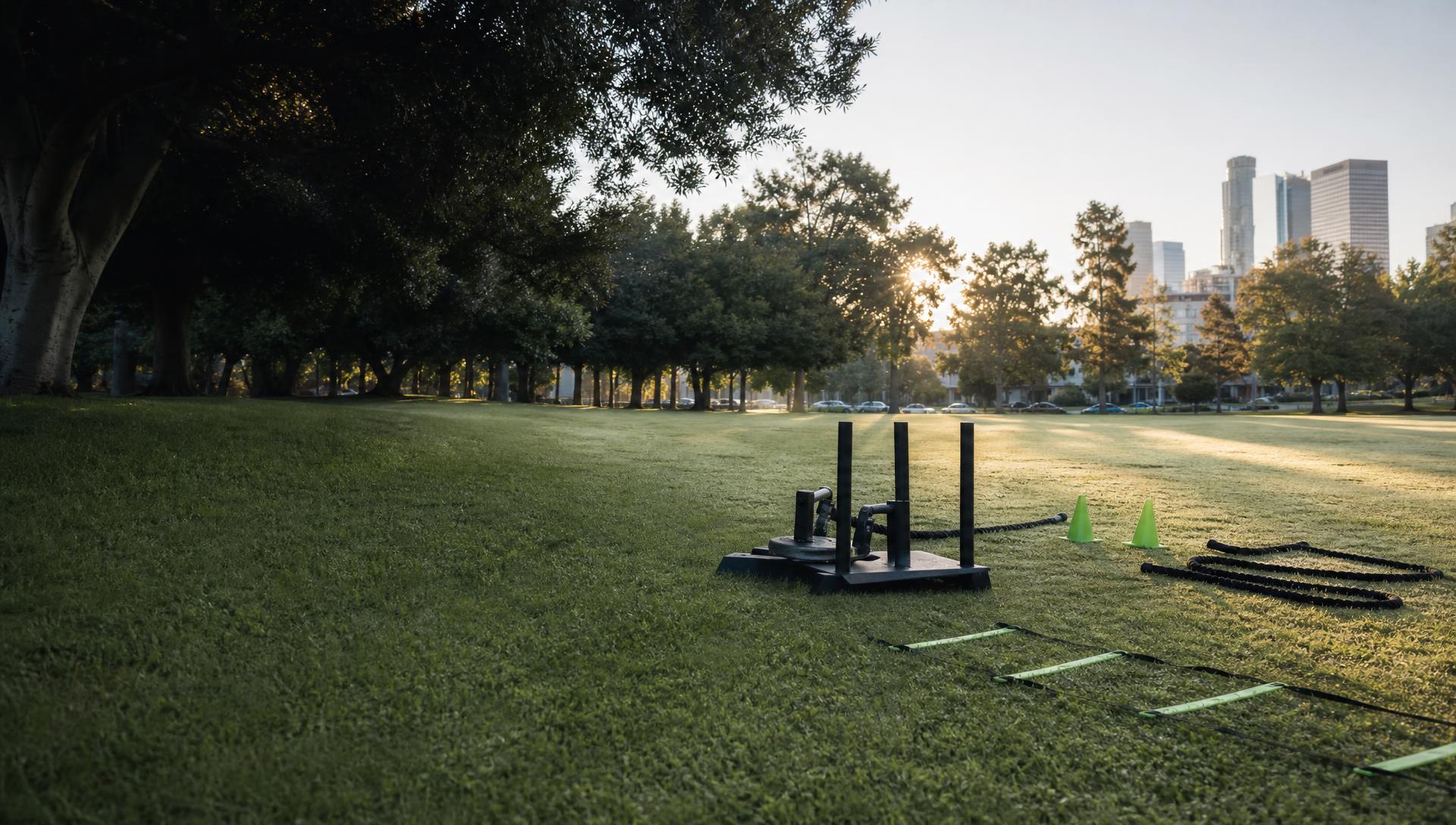 Outdoor athletic performance training setup in a Los Angeles park
